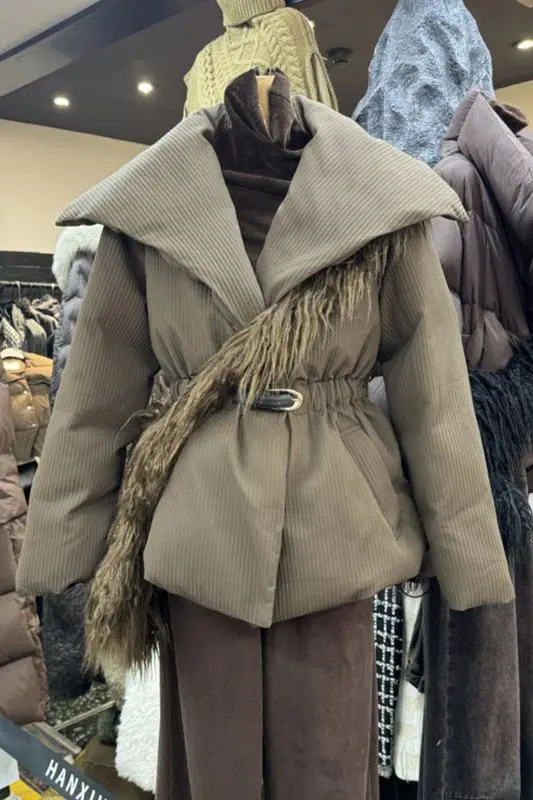

​​2025 Winter French Chic Waist Belted Slimming Large Lapel Mid Long Quilted Padded Coat Jacket Women Outerwear​​