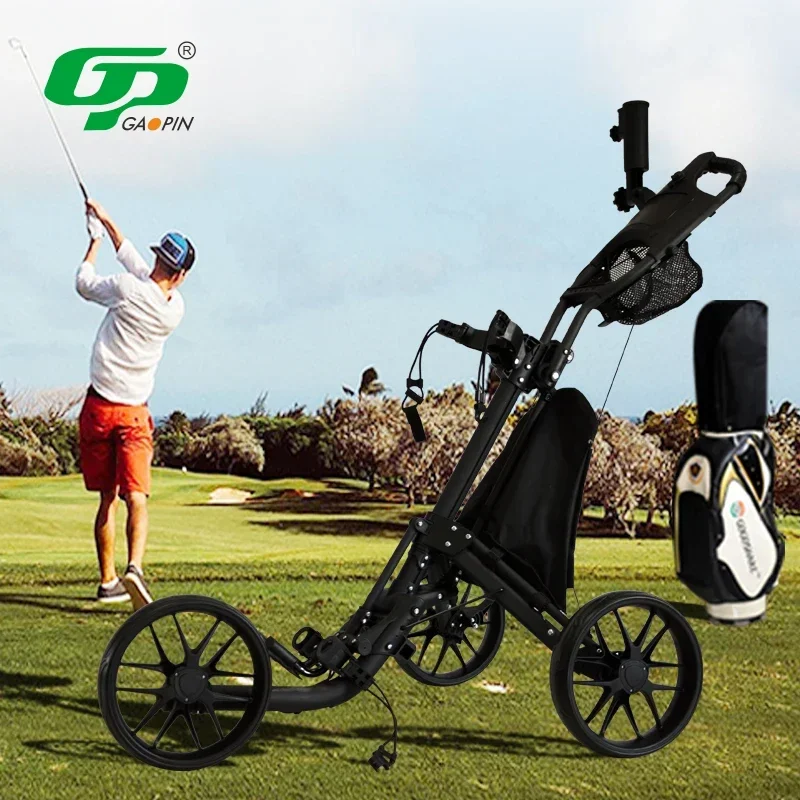 Hot Selling Golf Trolley 3 Wheels Aluminum Folding Height Adjustable Golf Push Trolley with Umbrella Holder Waterproof Bag