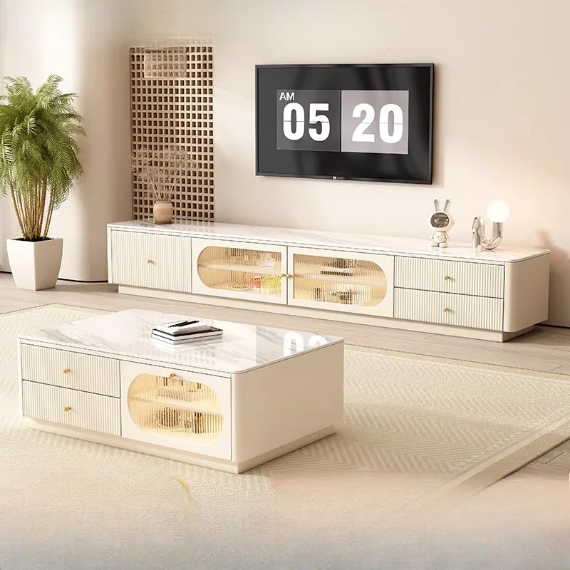 

Combination Cream TV Cabinet Coffee Table French Wood Living Room Household Wind Rock Slab Floor TV Cabinet Storage Cabinet