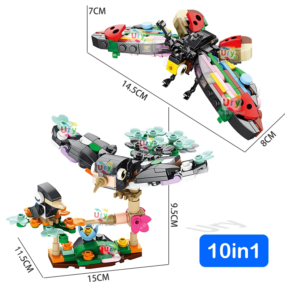 10in1 MOC Insects Set Butterfly Magpie Honeybee Woodpecker Scorpion Beatles Snail Building Blocks Toys Educational for Kids Gift