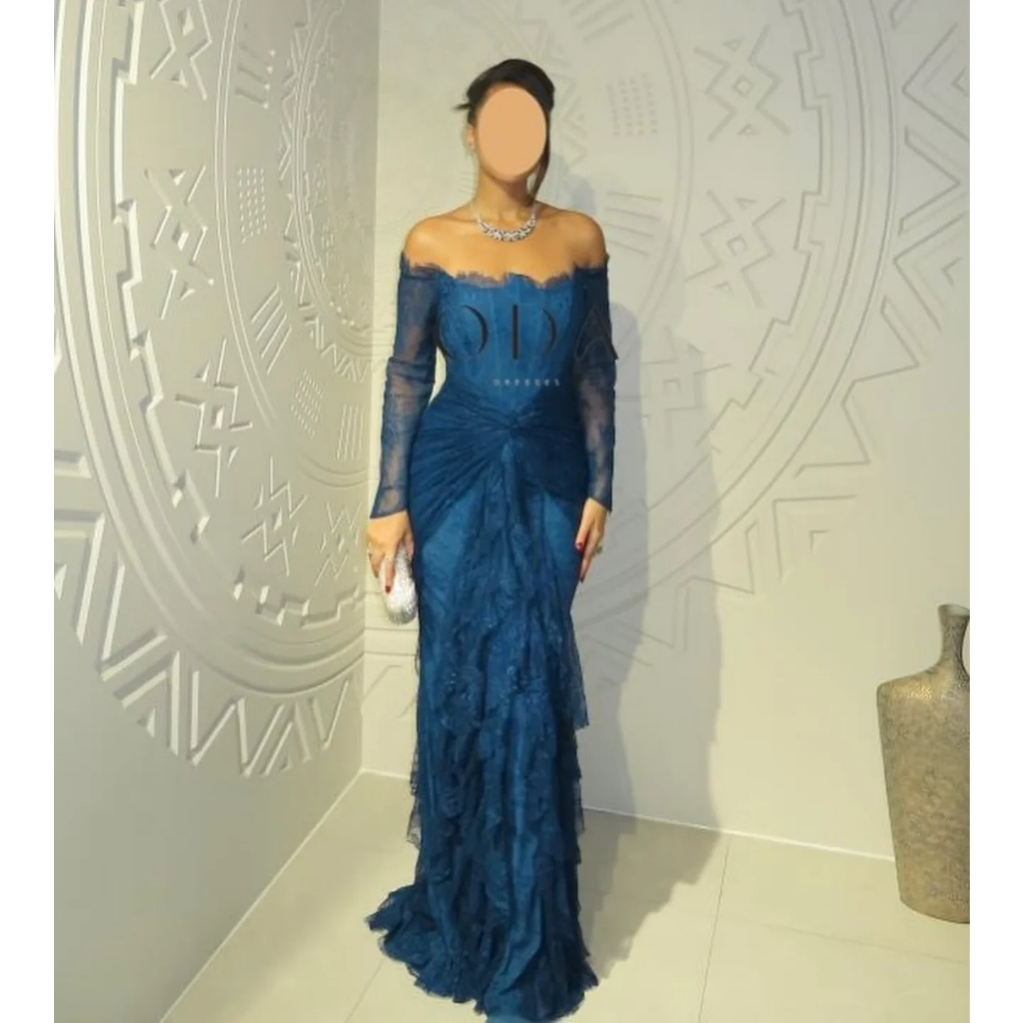 

Blue Dubai Evening Dresses Off The Shoulder Elegant Lace Prom Dresses Formal vestidos de noche Long Customized Birthday Dress