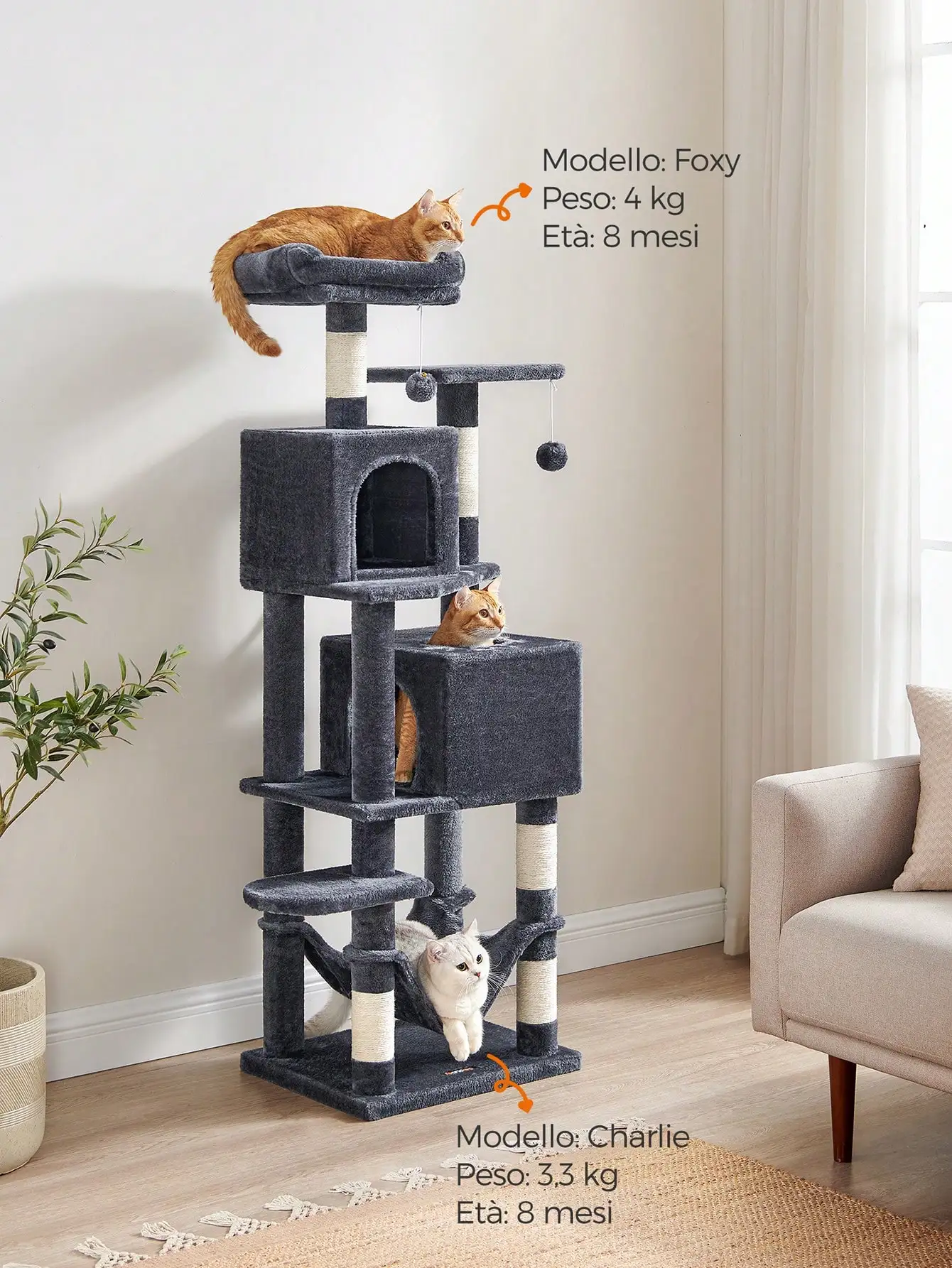 Feandrea 155cm Cat Tree: Indoor tower with 5 posts, 2 caves, hammock, 2 pompoms, Beige.