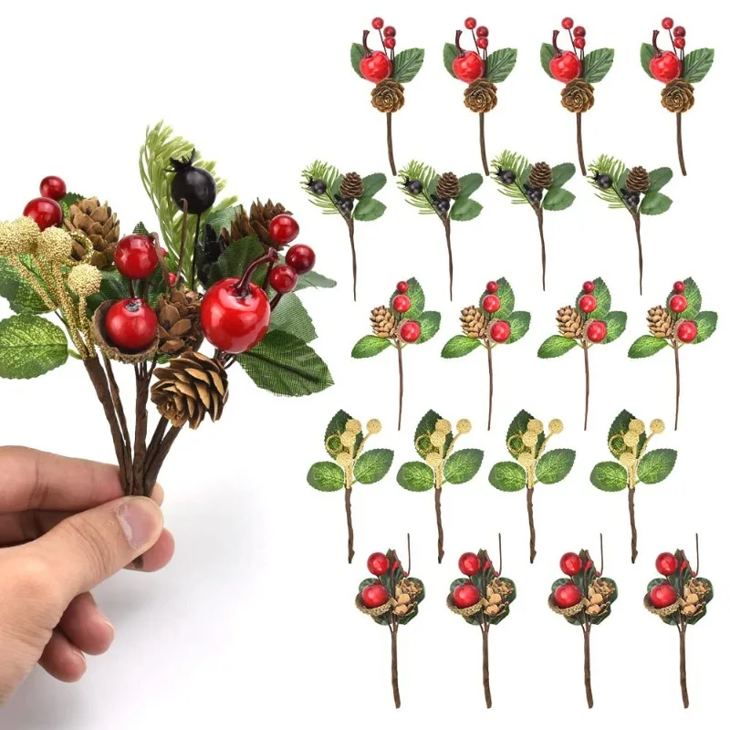 Christmas Mini Pinecones Pine Needles Branches with Artificial Red Berry Stems for Xmas Tree Garland DIY Craft Gifts Decor