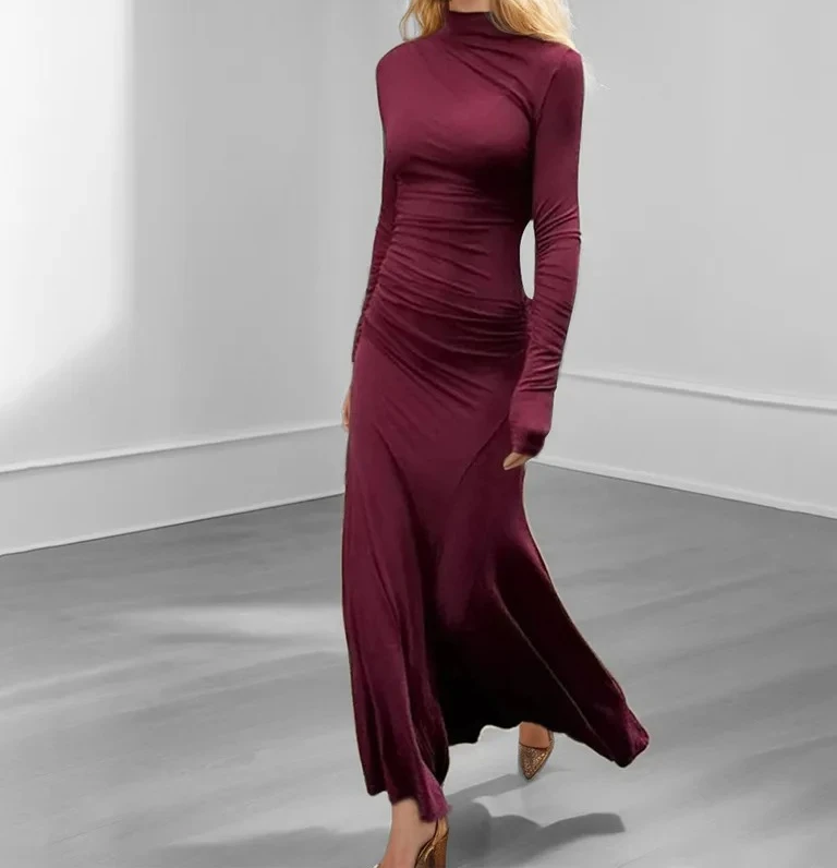 

Женское элегантное платье с воротником и длинными рукавами, облегающее однотонное вечернее плиссированное платье, новинка