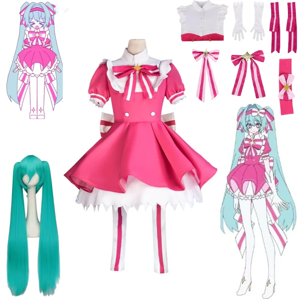 

Halloween Anime Blue Hair Girl Cosplay Red Dress Full Set with Wig Gloves Headwear, Anime Expo Role Play Costume for Women