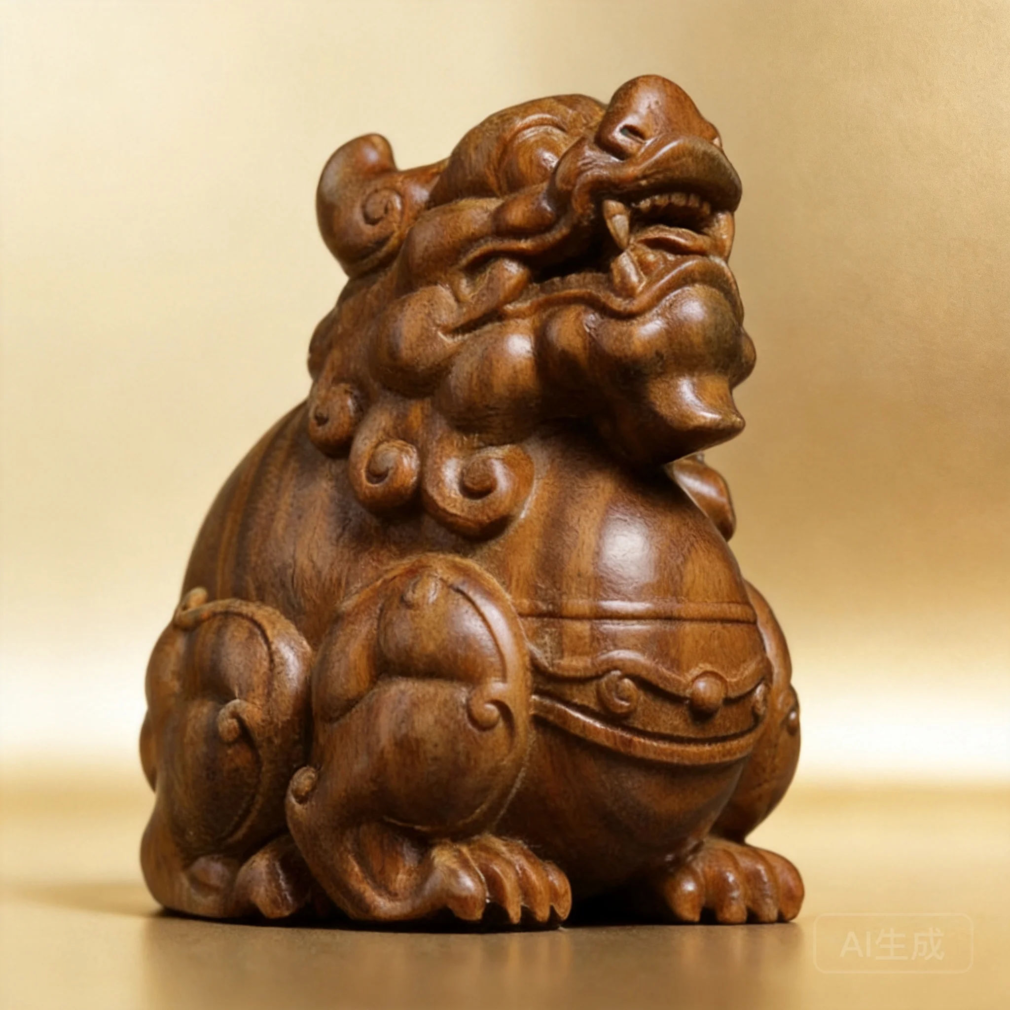 Chinese Traditional Green Sandalwood Hand Carved Auspicious Pixiu Statue Wealth Attracting Feng Shui Ornament Handheld Toy Home
