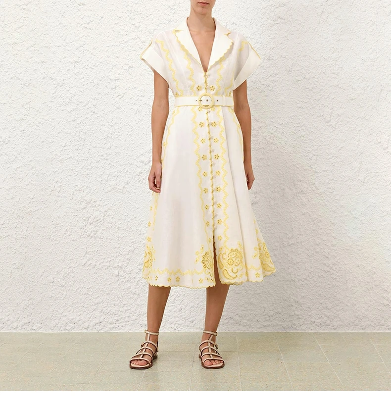 

New Summe 2025 High Quality Linen Beige Pale Yellow Short Sleeve Embroidery Midi Dress for Holiday
