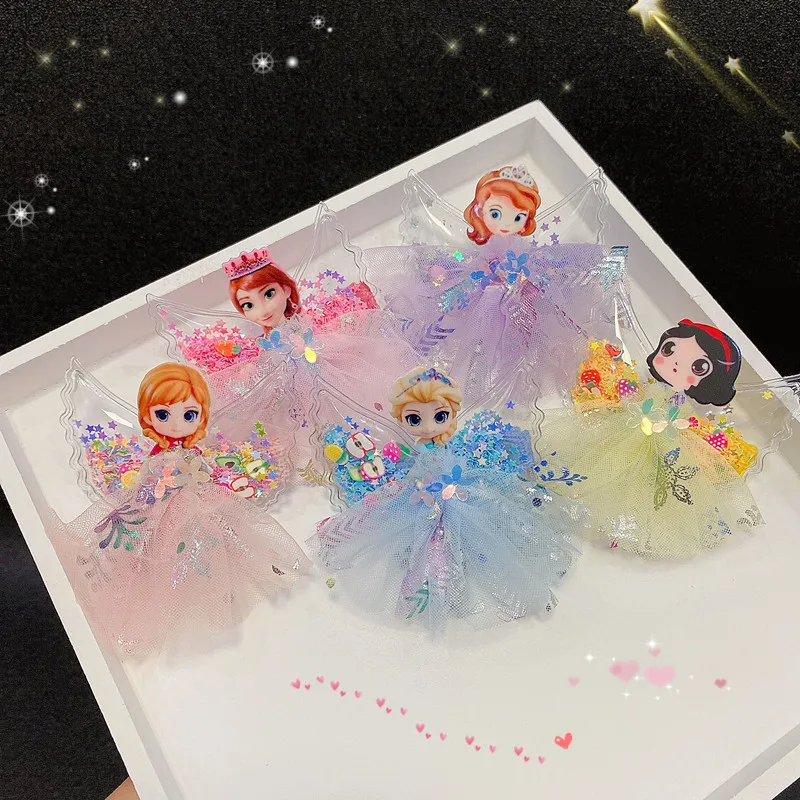 Disney Princess Hair Accessories Cute Frozen Princess Elsa Anna Yarn Skirt Wings Hairpins for Baby Girls Fashion Headwear Gifts