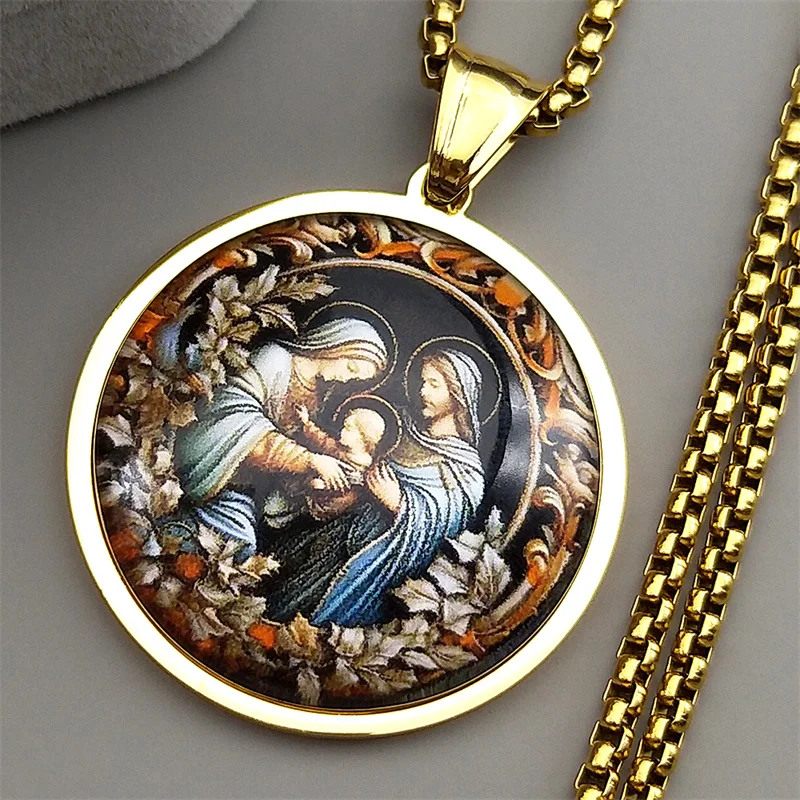 Collar con colgante redondo de cristal de la Virgen María, San José, bebé Jesús, para mujeres y hombres, joyería cristiana de flor de Color dorado de acero inoxidable