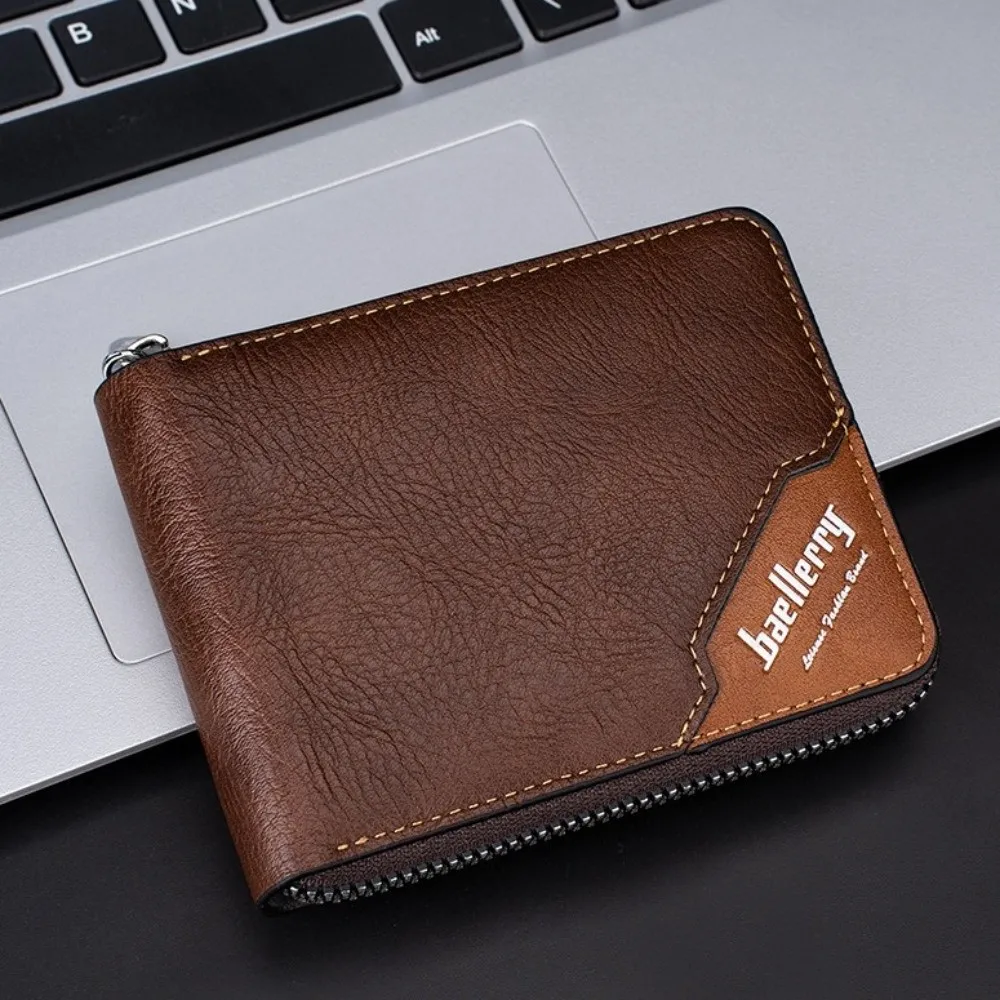 

Leather Men's Short Wallet Zipper Card Bag Urban Recreational Style Male Leather Purse ID Badge Holder Credit Card Case