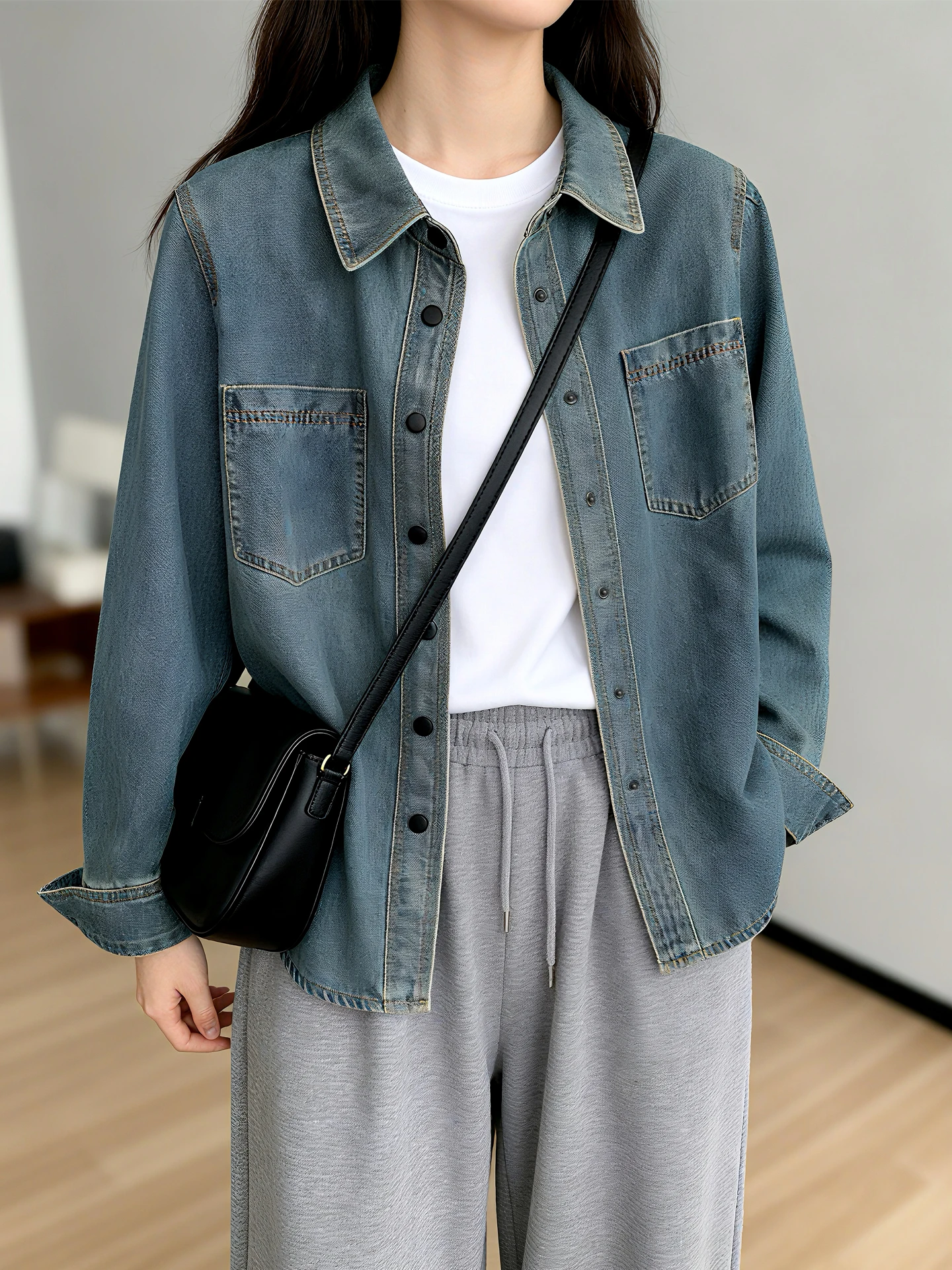 

Повседневная свободная женская джинсовая рубашка с длинным рукавом из хлопка, весенне-осенний топ в винтажном стиле West Wood, с дизайном в стиле пэчворк, дышащая, в гонконгском стиле