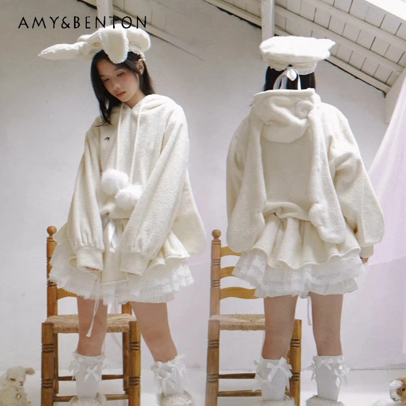 

Japanese Design White Plush Hooded Women's Sweatshirt Dress 2025 Autumn Winter New Lace Splicing Y2k Low Waist Dresses Ladies