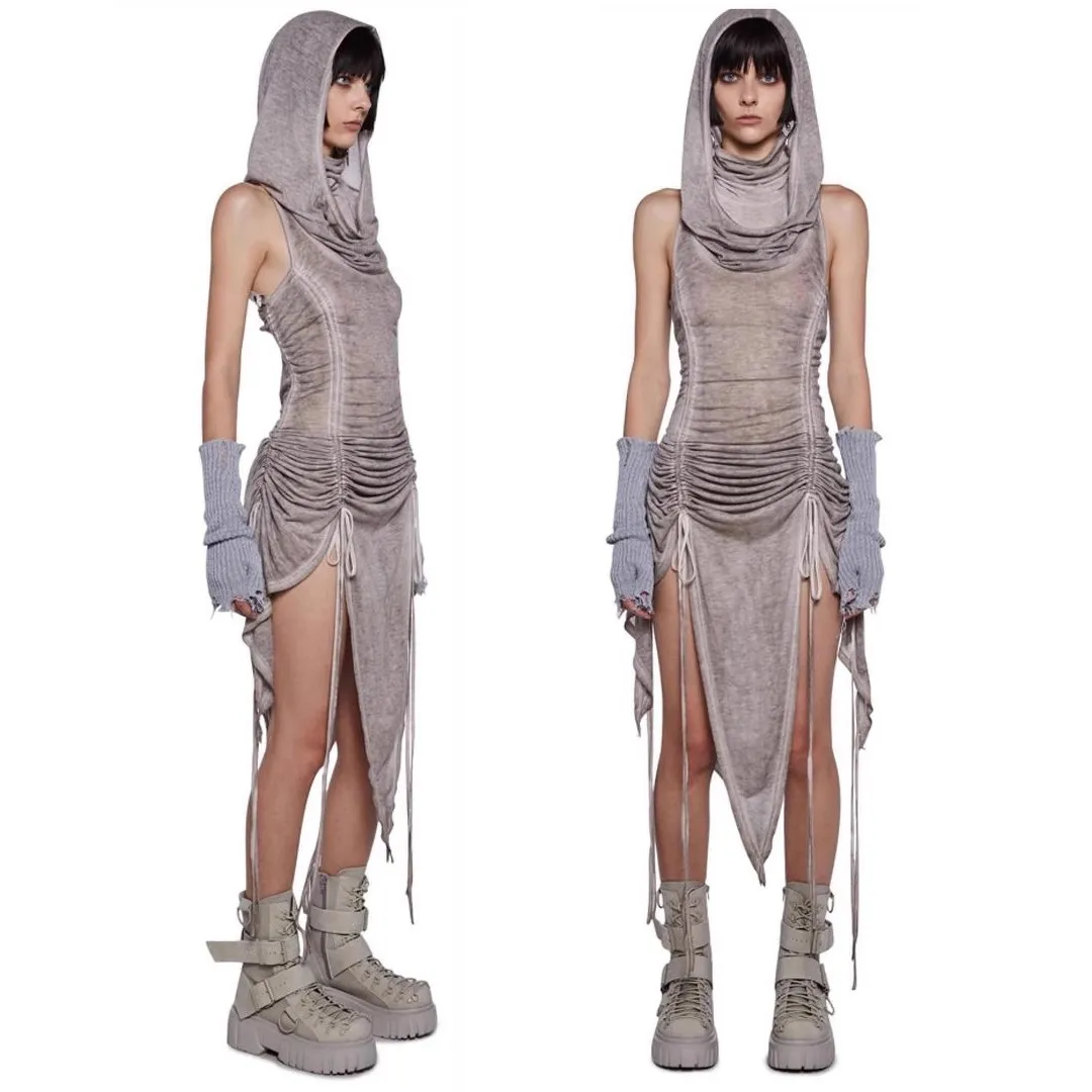 2024  Doomsday waste Wind sleeveless hooded turtleneck dress body chain