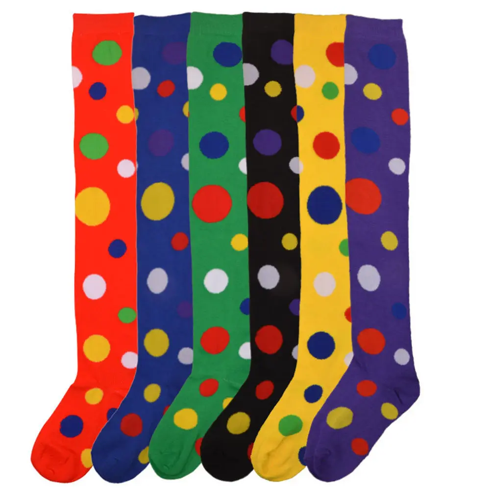 1 par de calcetines por encima de la rodilla con patrón de puntos para cosplay de payaso, medias largas antideslizantes, suaves, ligeras, transpirables, para fiesta de Halloween