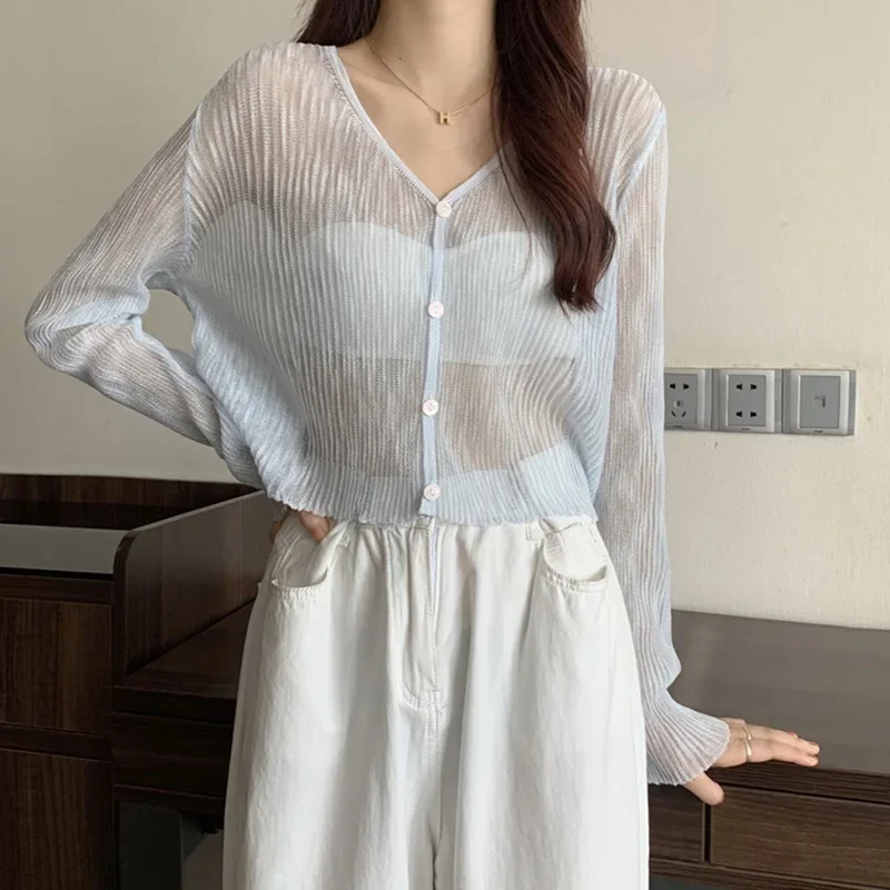 Knitted White Cardigans Women Summer Sunscreen Long Sleeve Cropped Shrug Korean See Through Kimono Tops Fashion Sweater