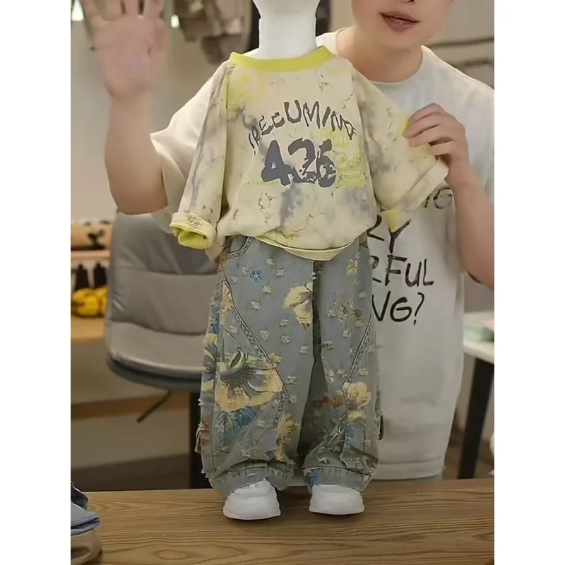 

Children's Summer Short Sleeve Set 2026 New Style Boys' Fashion Tie Dyeing Short Sleeve Loose Jeans Two Piece Set