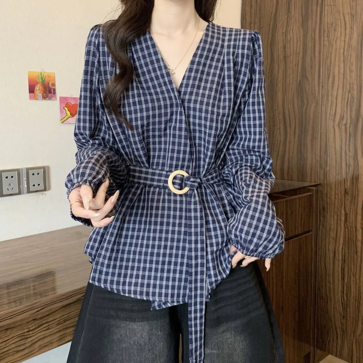 V Neck Plaid Wrap Blouse,waist Puff Cuff Long Sleeve Ruched Slim Fit Check Shirt, Two Color Optional Peplum Hem Casual Top