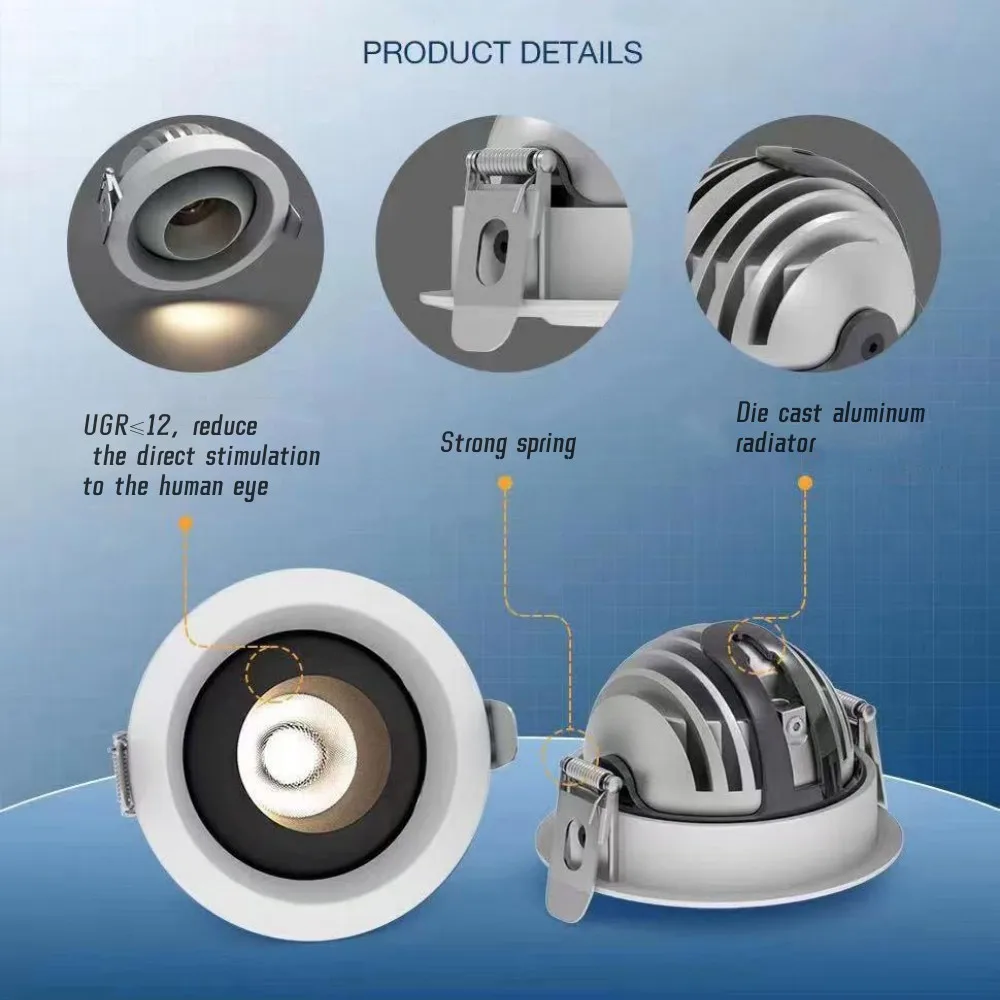 Foco COB antideslumbrante LED empotrado, lámpara de techo giratoria regulable de 360 °, inclinación de 45 °, iluminación para centro comercial y oficina, 5W, 7W, 10W, 12W