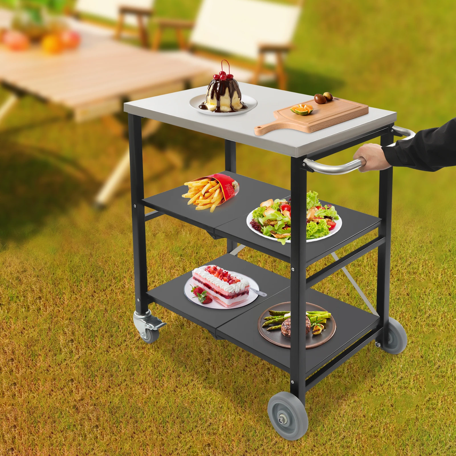 

70*47*86cm Foldable Stainless Steel Outdoor Trolley with Wheels for Microwave Ovens Potted Plants Decorations and Tableware
