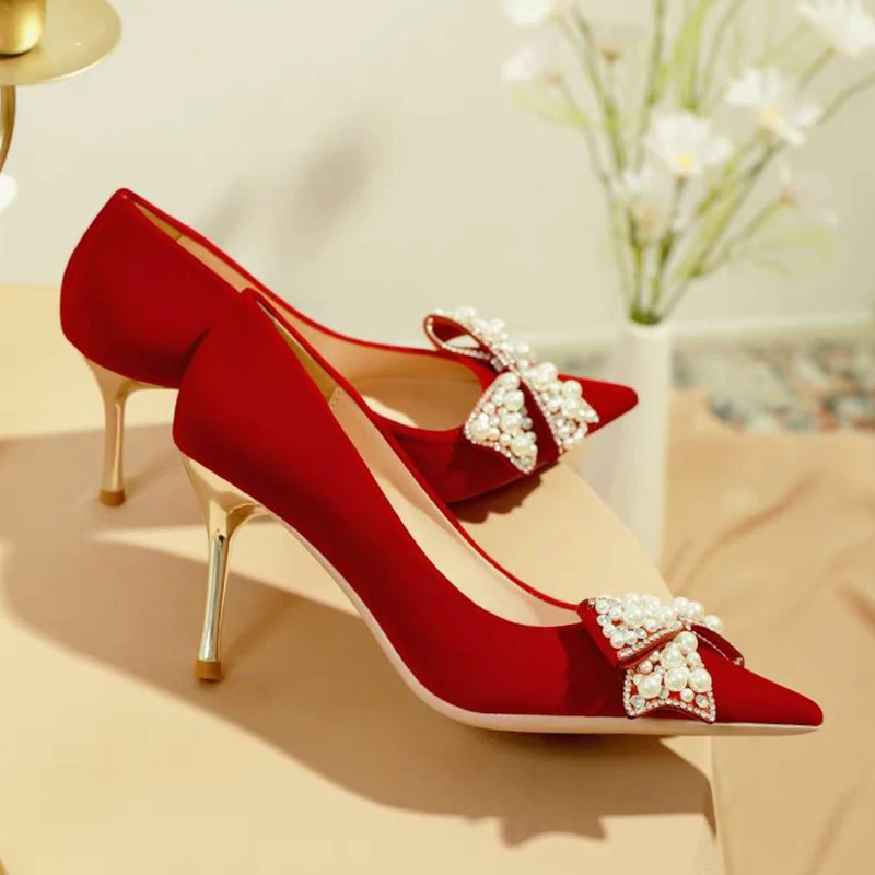 Rimocy Sexy Red Velvet Wedding Shoes for Women 2022 Luxury Pearl Bowknot Pointed Toe Pumps Woman Stiletto High Heels Dress Shoes