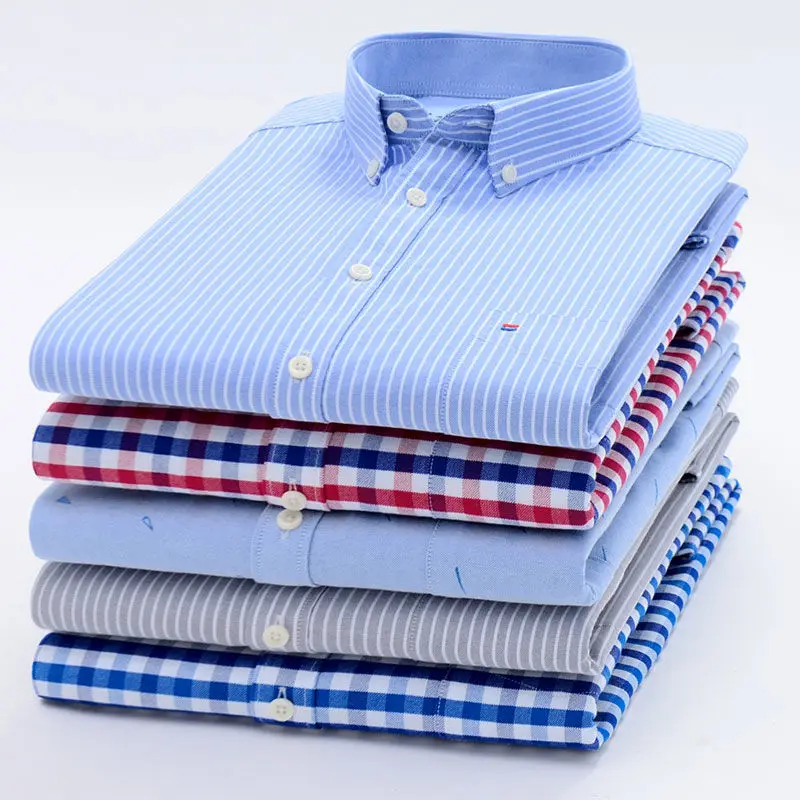 Camisa Oxford de manga larga para hombre, camisas de vestir informales de algodón sólido para negocios, camisa azul a cuadros a rayas con botones,