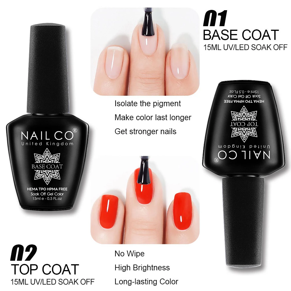

NAILCO 15ml 2pcs/Set Base Coat Top Coat UV Gel Nail Polishes Colors Esmalte Lakiery Hybrydowe Vernis Soak Off Nails Art Manicure