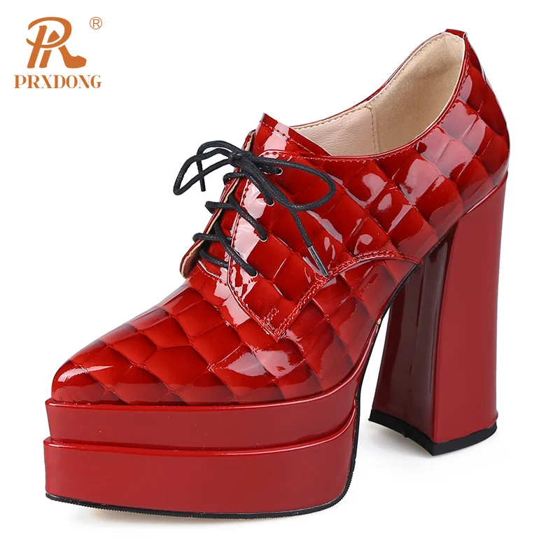 

PRXDONG Women's Shoes 2023 New Spring Autumn Chunky High Heels Platform Shoes Pumps Black Red Lace Up Dress Party Size 34-41