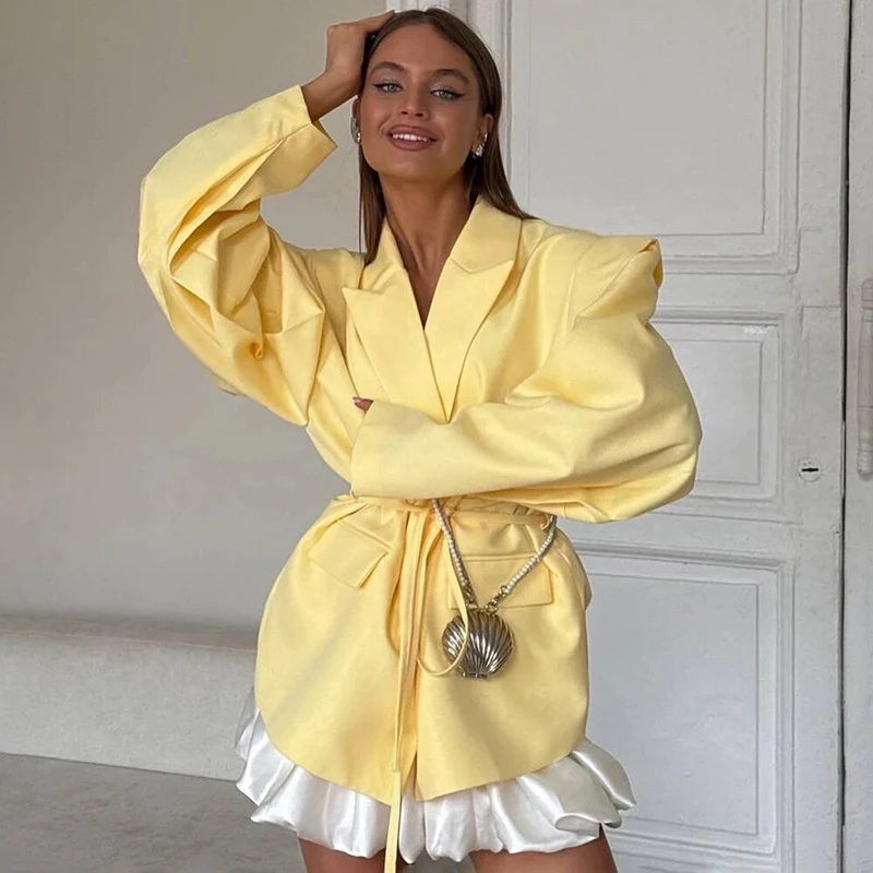 

Женский пиджак Ticketsx, однотонный пиджак с лацканами на шнуровке и подплечниками, женский пиджак с завязкой на талии, мода 2025, свободная верхняя одежда для пригородных поездок