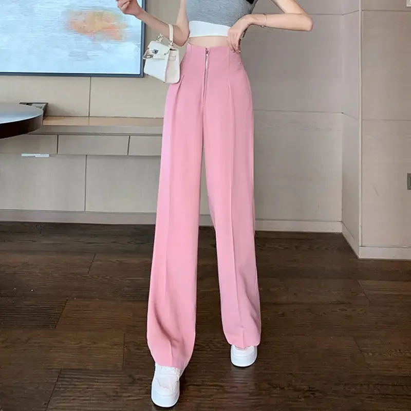 Korean Fashion New High-Waist Zipper Loose Thin Section Women's Wide-Leg Straight Suit Slim And Versatile Trousers Y2k Pants