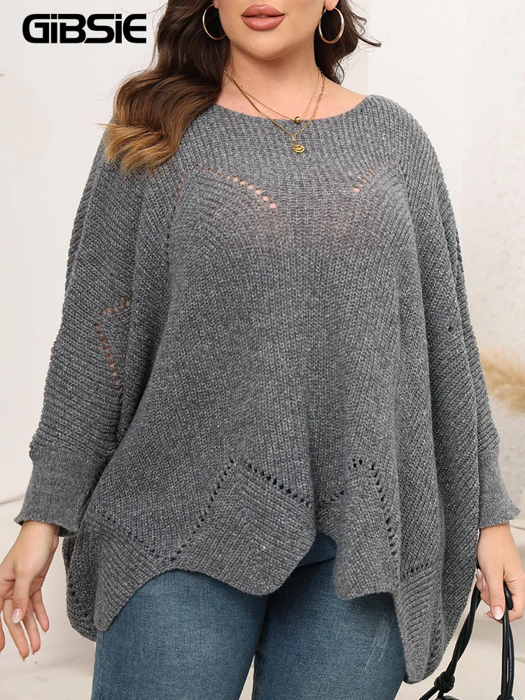 GIBSIE Plus Size Oversized Sweaters for Women 2023 Fall Winter Casual Round Neck Batwing Long Sleeve Pullover Sweater Jumper