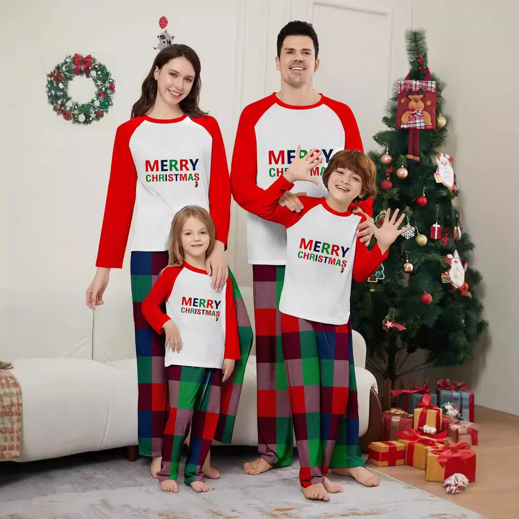 

letter printed parent-child home wear, cross-border European and American color-blocking Christmas mother-daughter pajamas