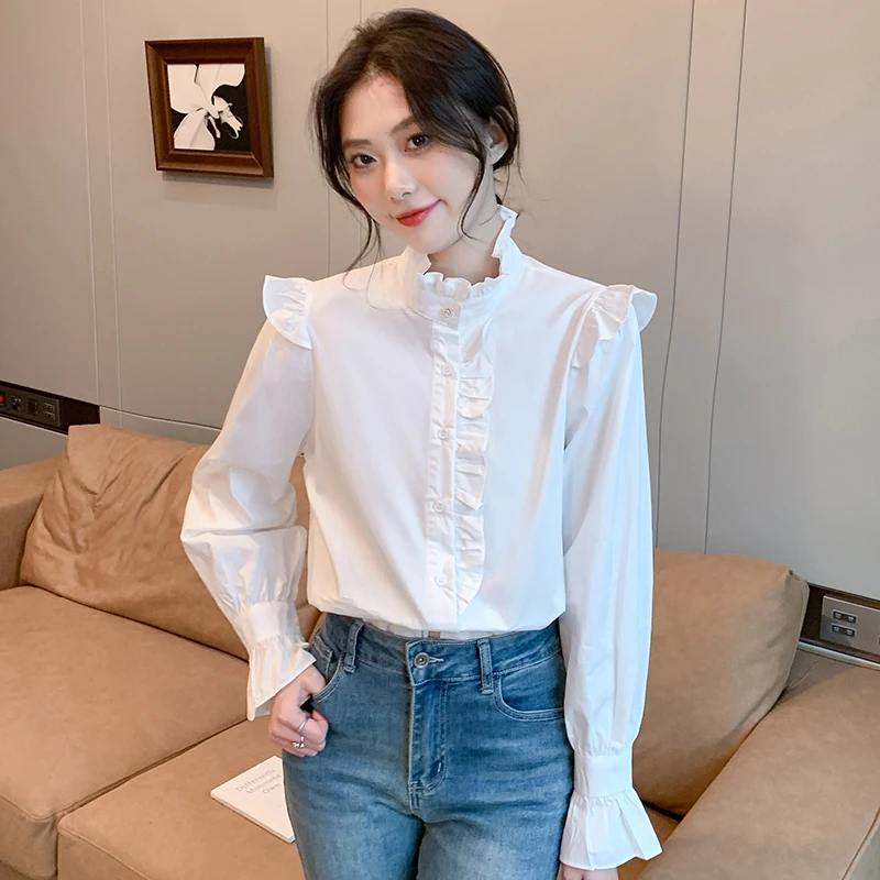 Woman White Loose Shirts Fashion Elegant  Long Sleeve Office Top Female Luxury Edible Tree Fungus Women Blouse Casual Du034