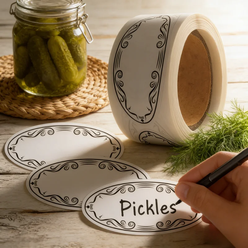 

3 rolls of oval shaped label stickers, 1 roll of 150 sheets, suitable for storage and organization in containers and kitchens