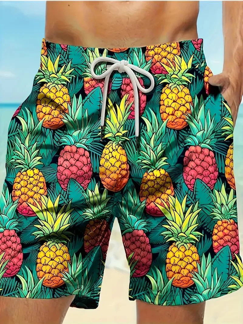 Men's Tropical Pineapple Graphic Print Beach Shorts Summer Casual Quick-Dry Surfing Diving Shorts Men's Hawaii Board Short