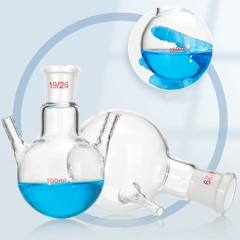 

High temperature resistant double branch flask with branch tube, glass spherical round bottom reaction flask, standard mouth
