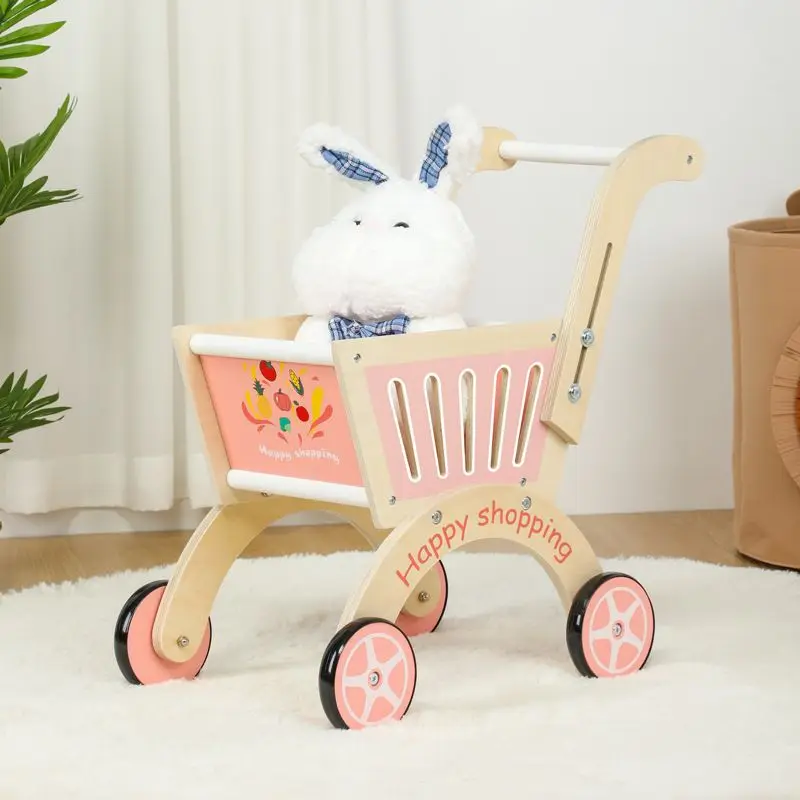 Colorful Shopping Cart Wooden Household Toys Baby Stroller Three Colors Trolley Toddler Cart