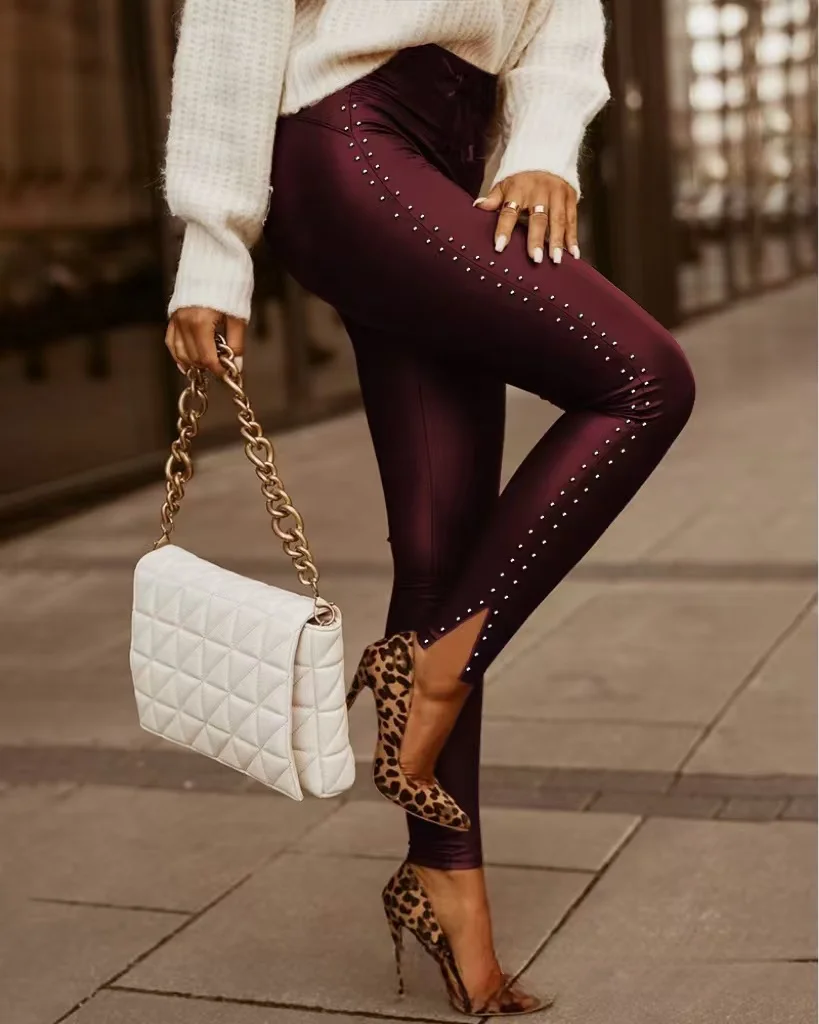 Calças femininas de couro pu cravejadas, cintura alta, calças retas góticas, casual, vintage, moda preta, skinny, calça de couro, streetwear
