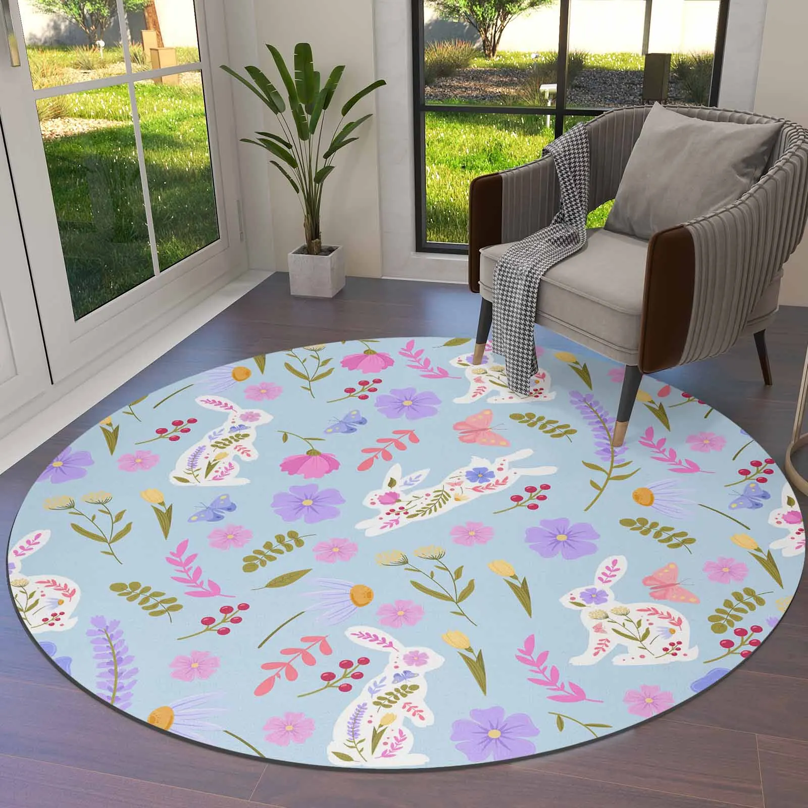 

Rabbit Easter Flower Abstract Blue Round Area Rug Carpets For Living Room Large Mat Home Bedroom Kid Room Decoration