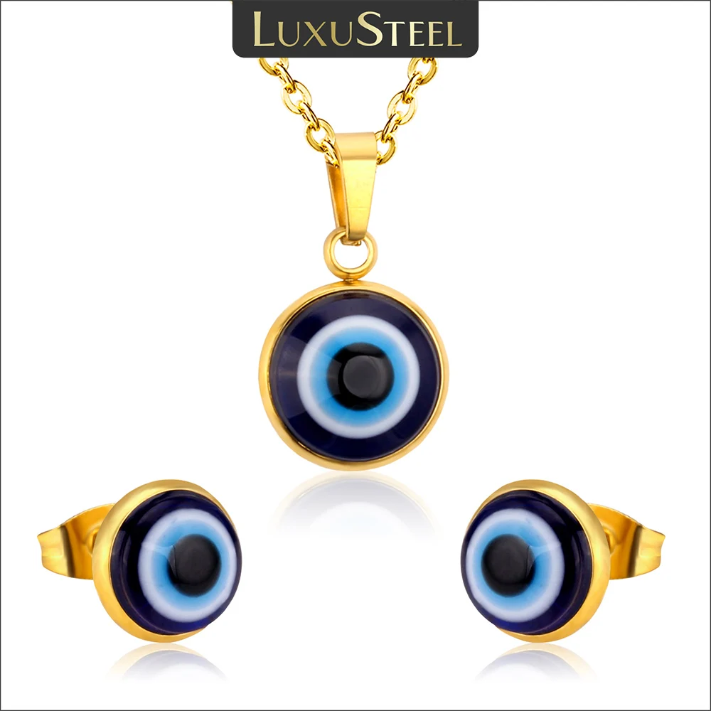 LUXUSTEEL Damen-Ohrring- und Halsketten-Sets aus Edelstahl, Glücksbringer, blaue Augen, Anhänger, Halskette, Ohrringe, Dubai-Schmuckset, Geschenk