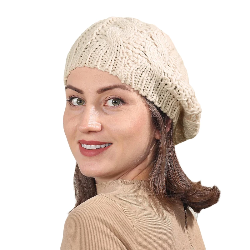 Warm Women Elegant Knit Beret Cap Autumn Winter Artist Casual Hats Braided Baggy Ladies Wool Beanie Knitting Slouch Baggy Hats