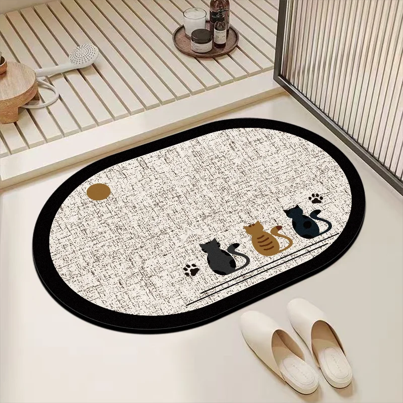 VIKAMA Retro Three Cat Diatom Mud Bathroom Floor Mat with Water Absorption, Quick Drying, Anti Slip, Light Luxury Floor Mat
