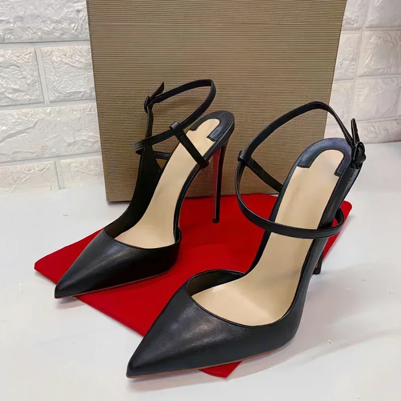 

Summer New Black 12cm Lace Up Ultra High Heel Sandals Sexy Thin Heel Pointed Red Sole Shoes Elegant Single Shoes