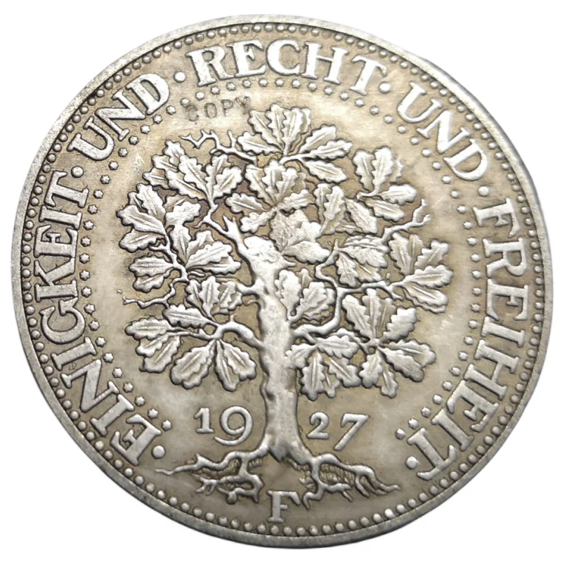 

1927-F Germany-1871-1948 5 Reichsmark Silver Plated Copy Rare coin