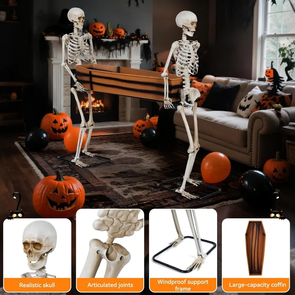 Esqueleto realista de 5 pies de altura con ataúd Decoración al aire libre de Halloween: duradero para años de uso