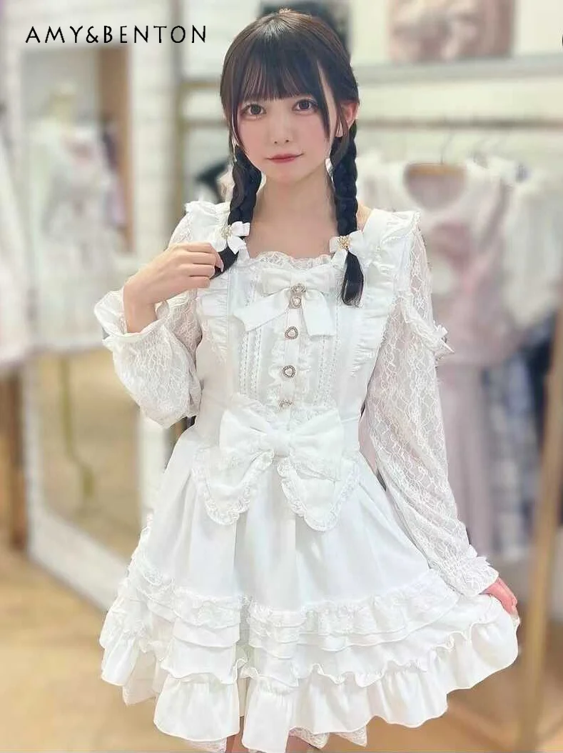 

Japanese Sweet Girl Multi-Layer Cake Lace Stitching Bow Lolita Dress for Women Kawaii Ruffled Lantern Sleeves Slim White Dress