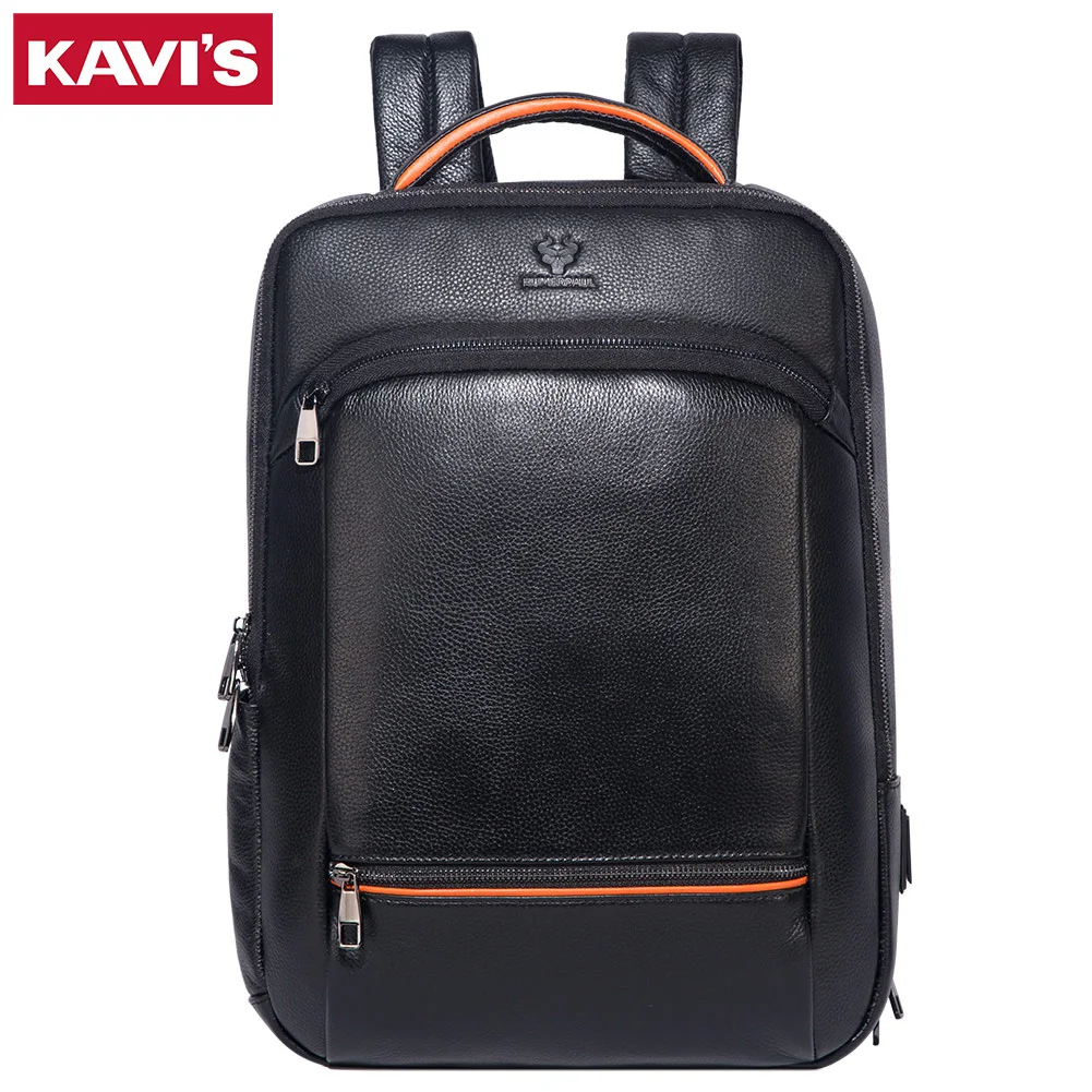 KAVIS 100% Genuine Leather For Men With USB Charging Port Large Capacity Backpack Durable Travel Multifunctional Laptop Rucksack