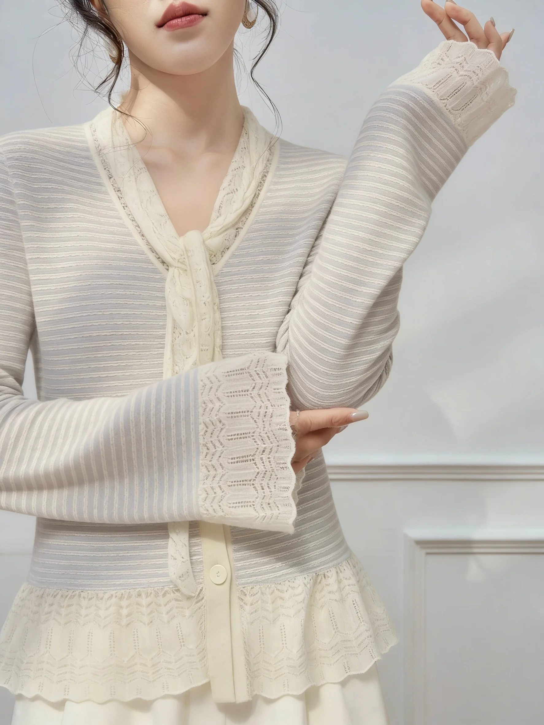 

Lace Trim Belted Striped Knit Cardigan Spring New Style Women's Fashion Casual V-Neck Long Sleeve Polyester Blend Outerwear