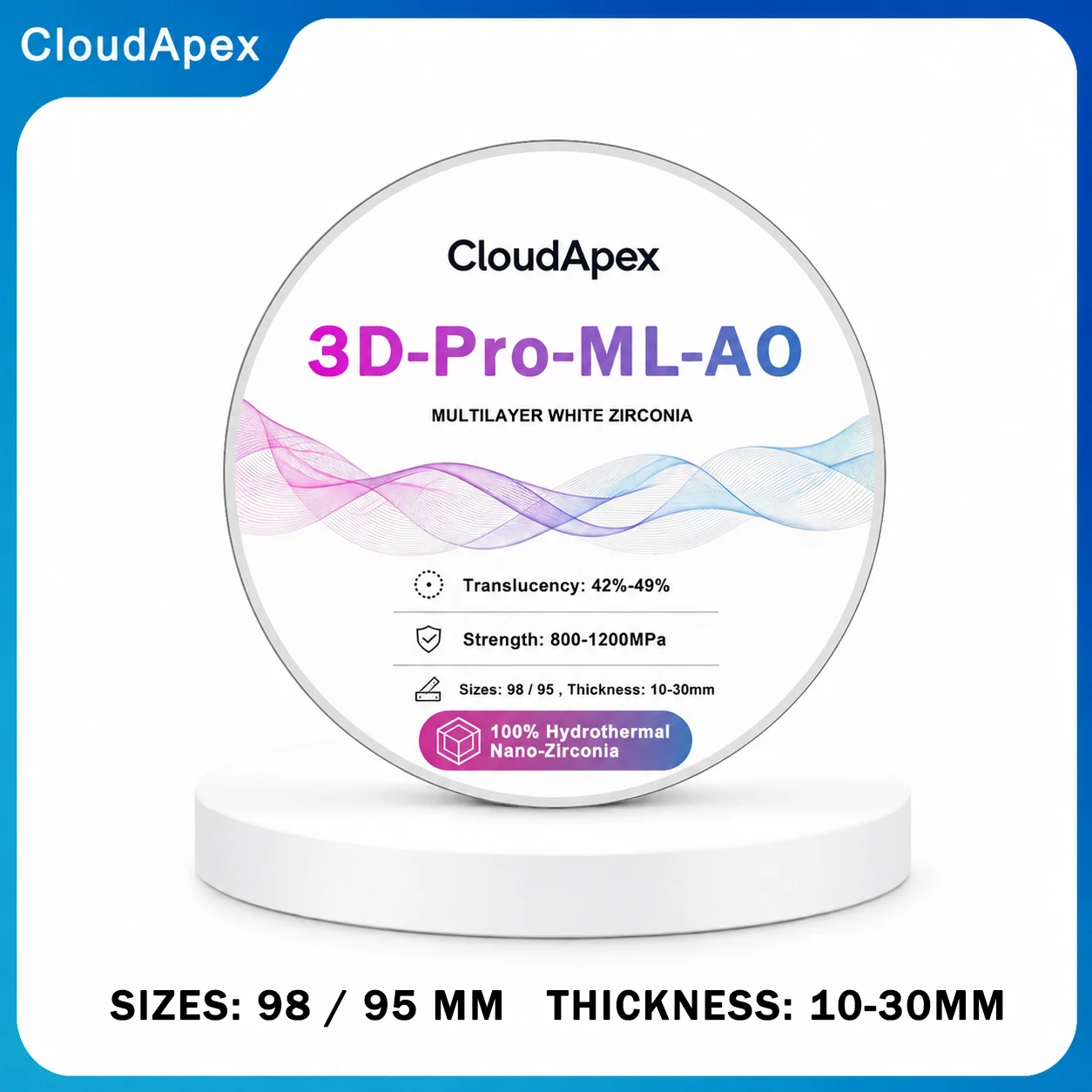 CloudApex 98/95mm 3D-Pro-ML-AO Multilayer White Zirconia Block CADCAM Milling Dental Lab