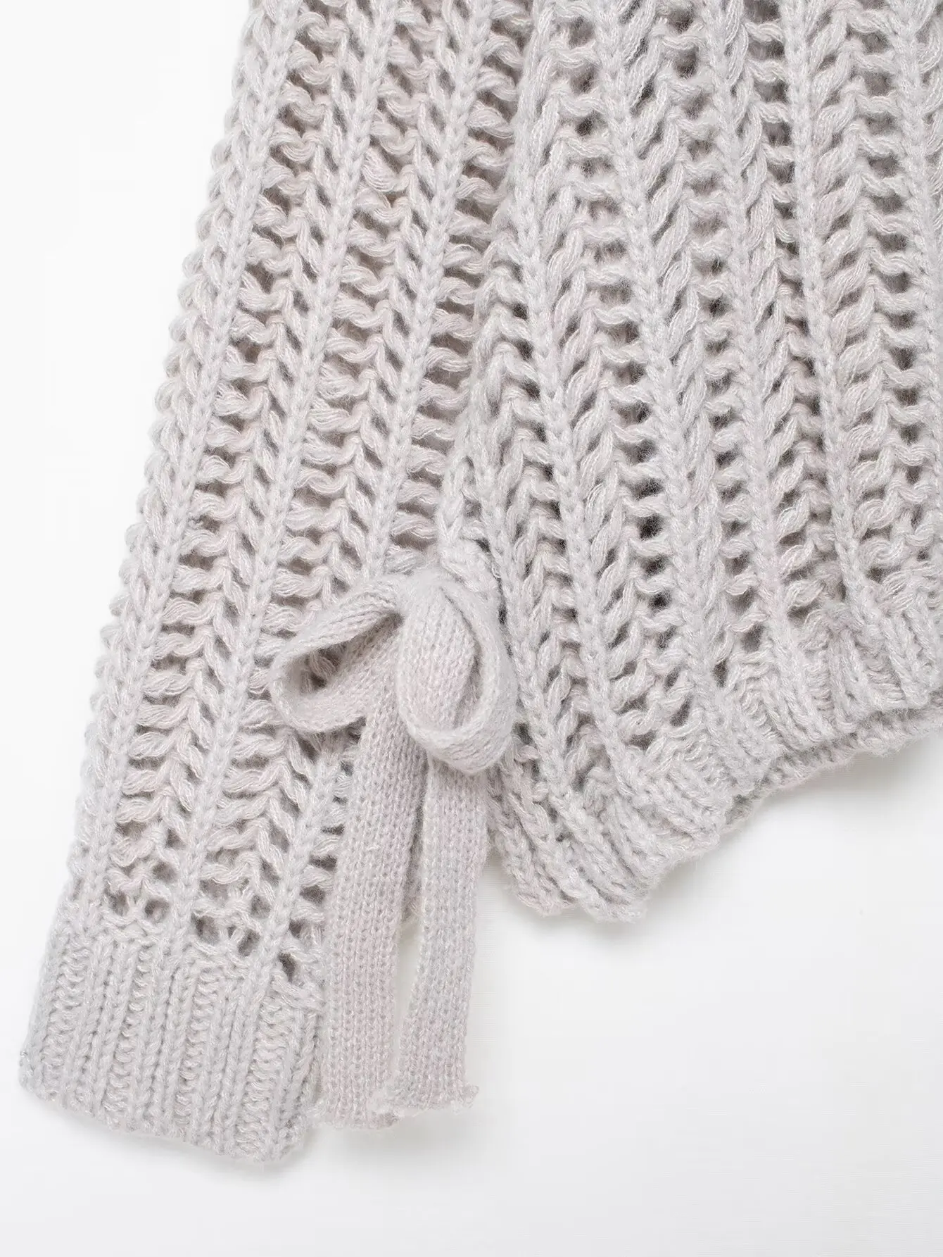 2025 doux gros Crochet évider trou pulls femme col rond manches Raglan nœud fente pull tricots pull ample gris