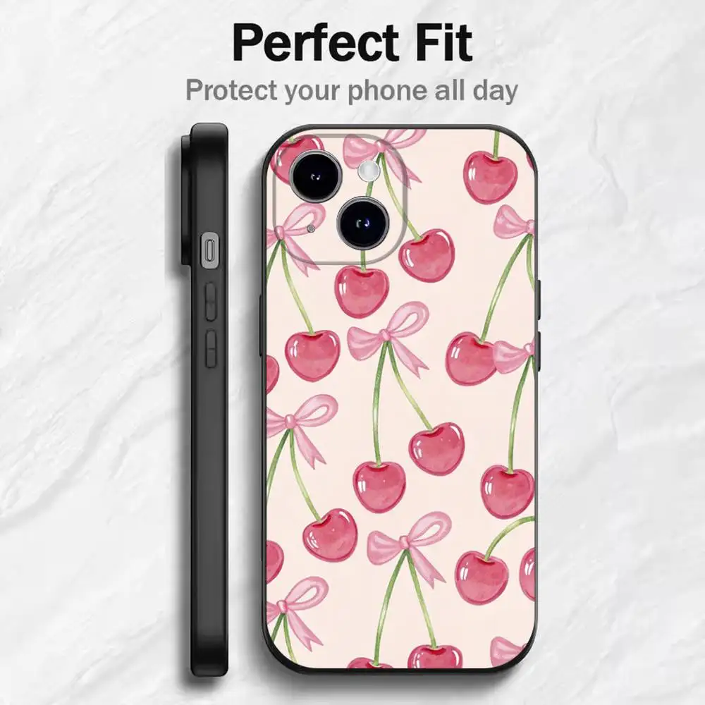 Casing iPhone Lucu Motif Buah Ceri Pink Untuk 17 16 15 14 13 12 11 Mini XS XR X 6S 6 Pro Max Plus Hitam Bahan Lembut